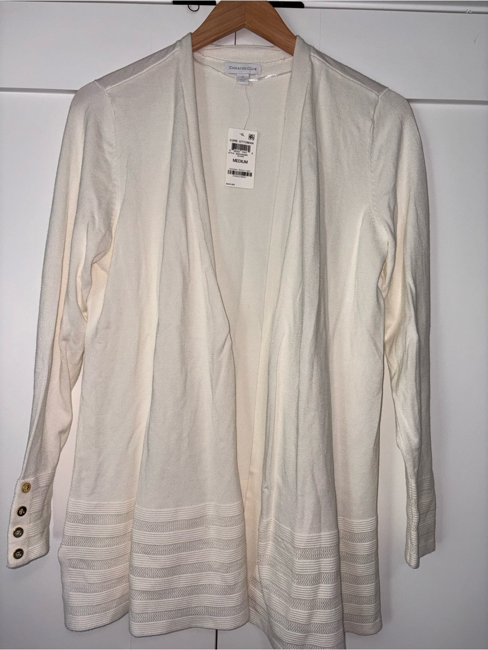 Charter Club Open-Front Cream Knit Cardigan with Button Cuffs